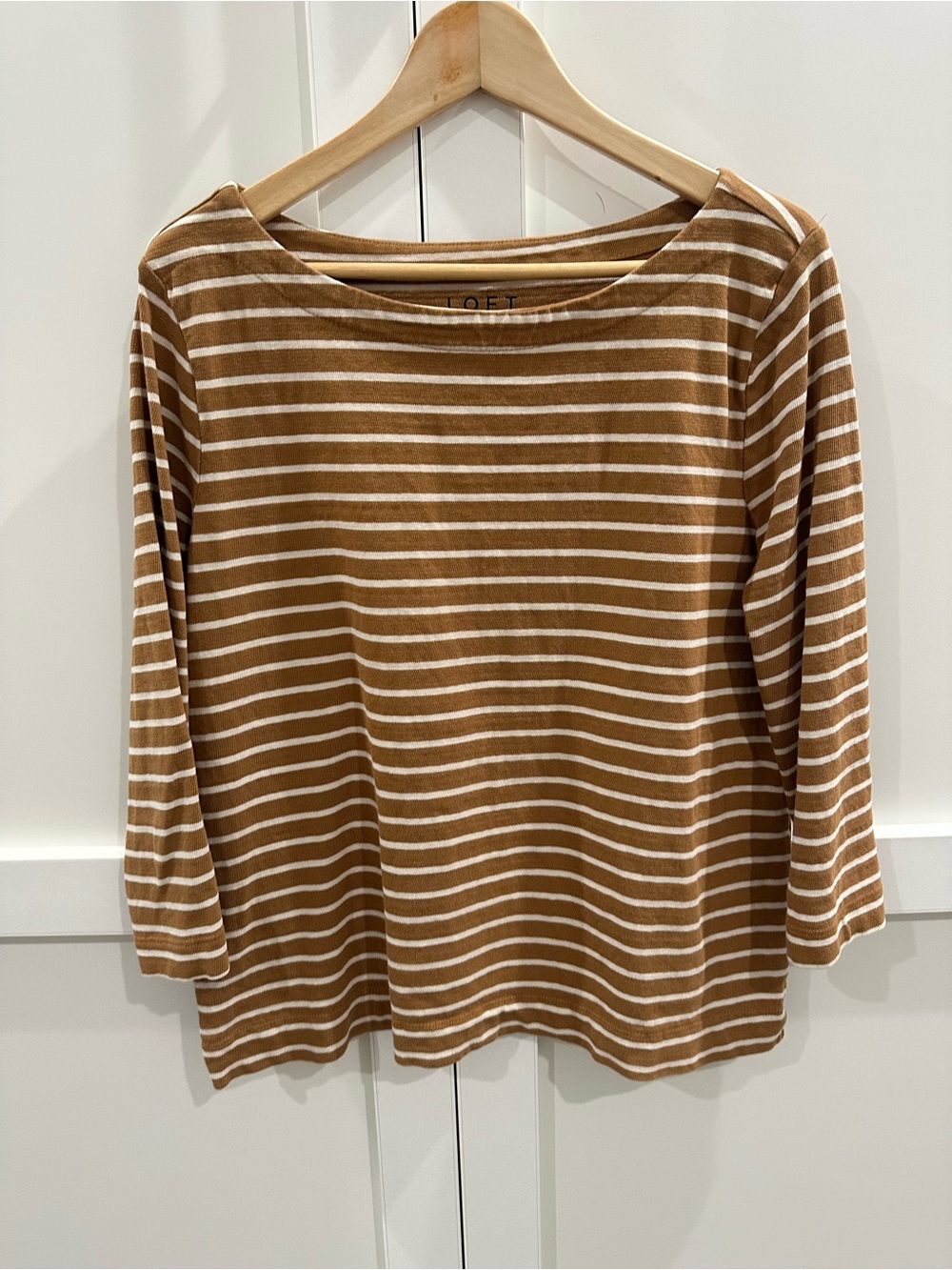 LOFT Camel and White Striped 3/4 Sleeve Boatneck Tee